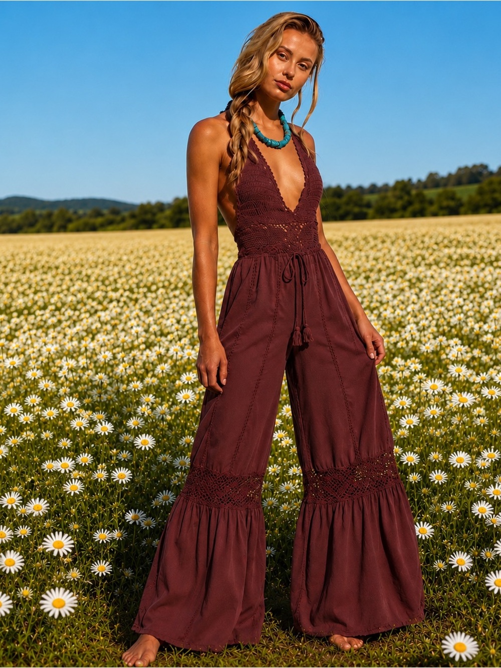 Free People Freya Crochet One Piece Jumpsuit in Brown XL NWT